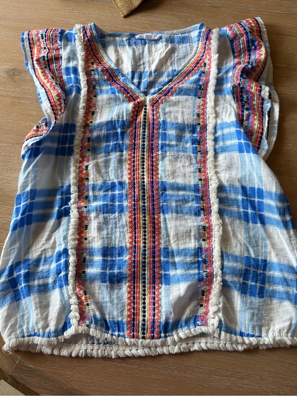 THML Blue and White Plaid Embroidered Flutter Sleeve Blouse